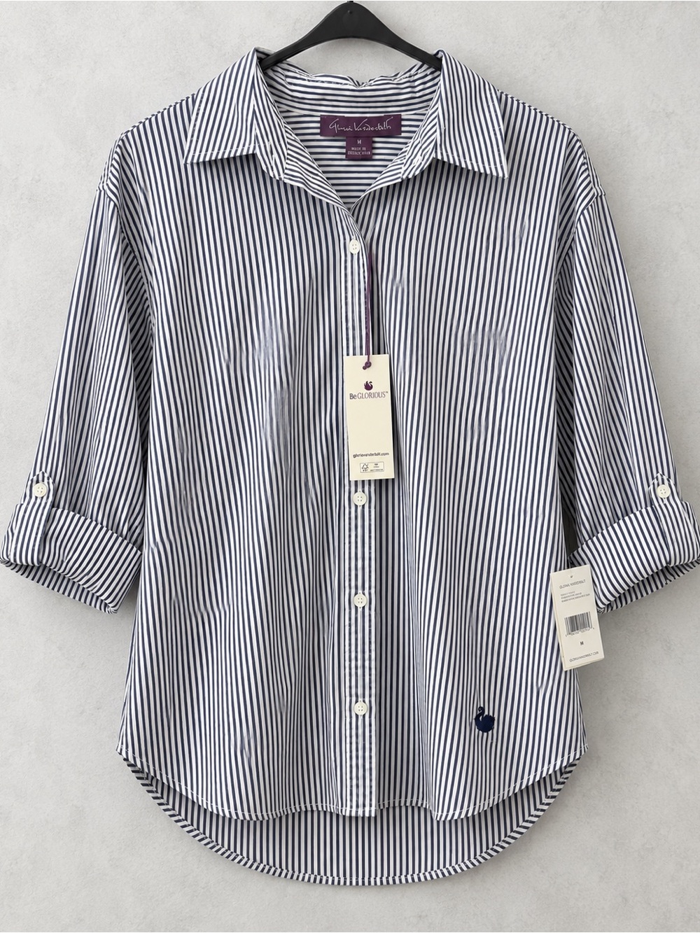 Gloria Vanderbilt Navy and White Vertical Stripe Button-Down Shirt